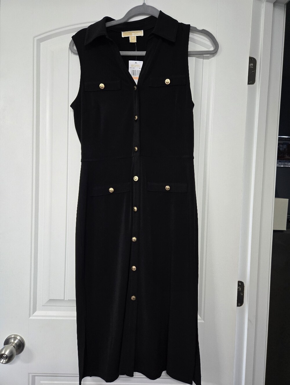 Michael Kors Black Sleeveless Midi Shirt Dress with Gold Buttons